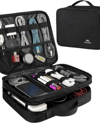 MATEIN Cable Organizer Bag, Large Travel Storage Bag Sturdy Tool Case with Handle for Phone Cord Electronics Accessories, Carrying Case for Tablet (Up to 12.9inch), Powerbank, Hard Drive, Black