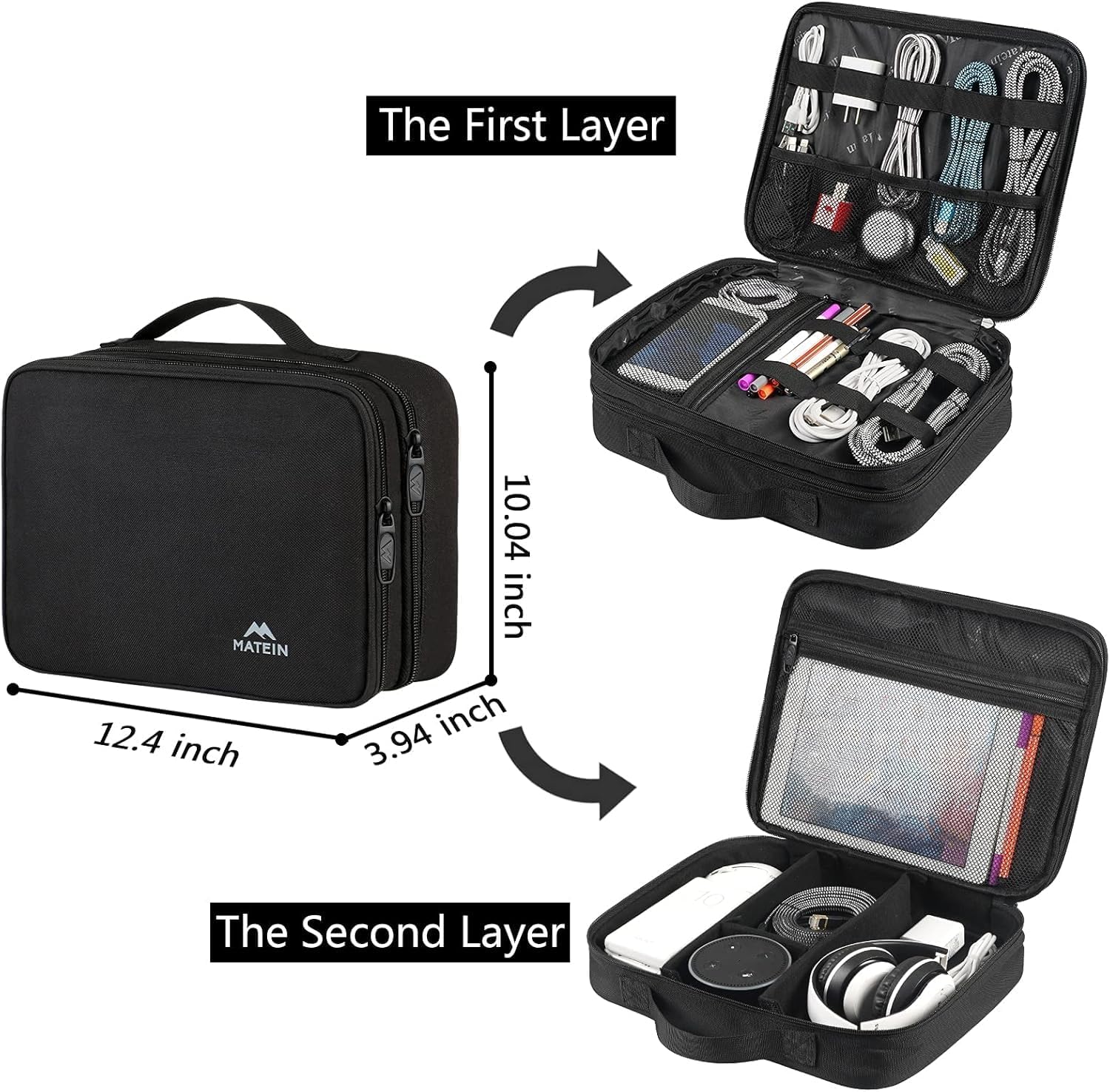 MATEIN Cable Organizer Bag, Large Travel Storage Bag Sturdy Tool Case with Handle for Phone Cord Electronics Accessories, Carrying Case for Tablet (Up to 12.9inch), Powerbank, Hard Drive, Black - Image 3