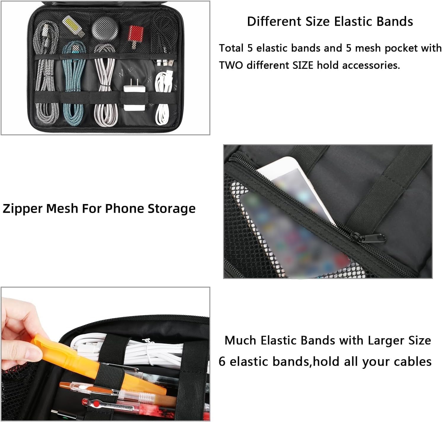 MATEIN Cable Organizer Bag, Large Travel Storage Bag Sturdy Tool Case with Handle for Phone Cord Electronics Accessories, Carrying Case for Tablet (Up to 12.9inch), Powerbank, Hard Drive, Black - Image 4